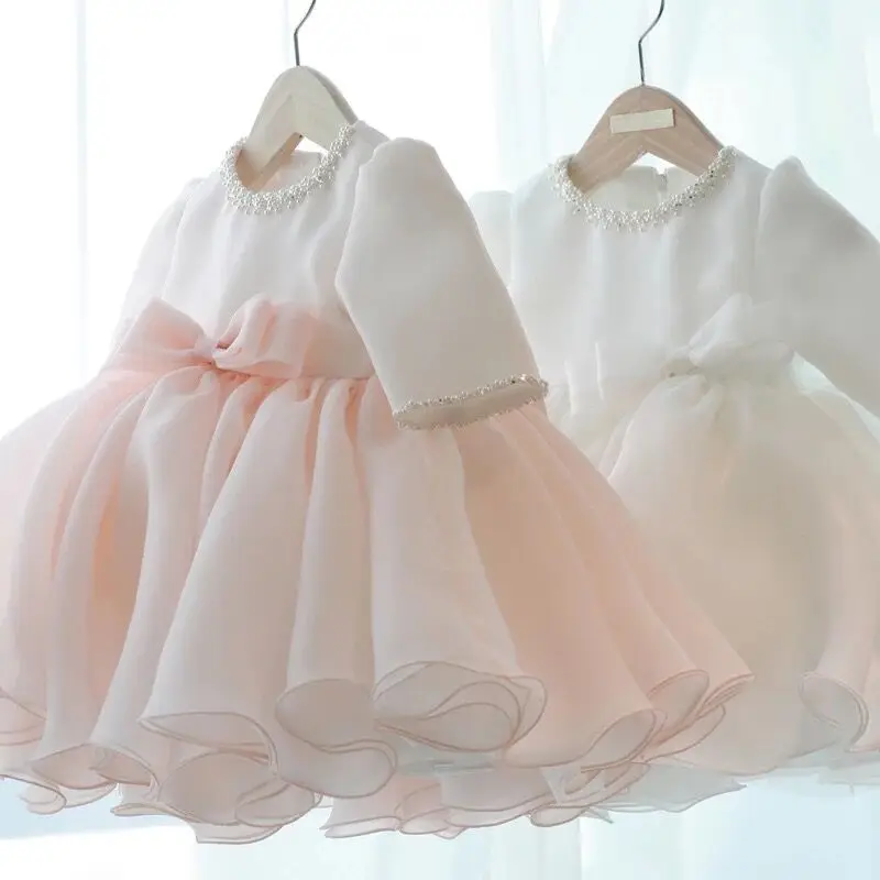 Luxury Baby Girl Dress Pink Chiffon Baptism Dress for Girl Infant 1 Year Birthday Dress for Christening Gowns 9-24M