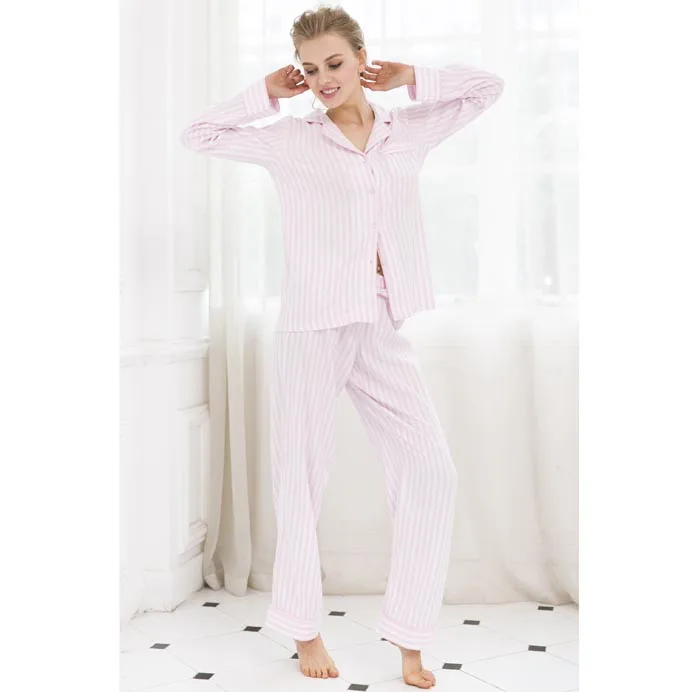 OEM 100% Cotton Sets Women Long Sleeve Striped Pink Pajamas