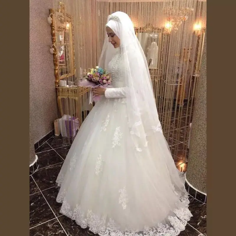 Customize Pure White Arab Long Sleeve Saudi Arabian Wedding Gown High Neck Muslim Bridal Wedding Dress