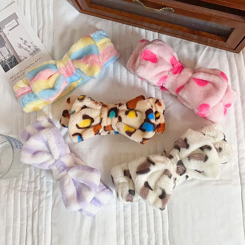 Europe USA Butterfly End HairBand Leopard Polka Dot Striped Headband Ladies Wash Face Makeup Plush Hair Band Accessories