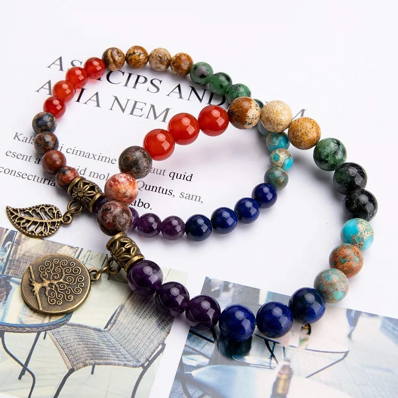 Natura Gemstone Beads Bracelet For Women Tree Of Life And Leaf Charm Chakra Energy Healing Stretch Bracelet (KB8556)