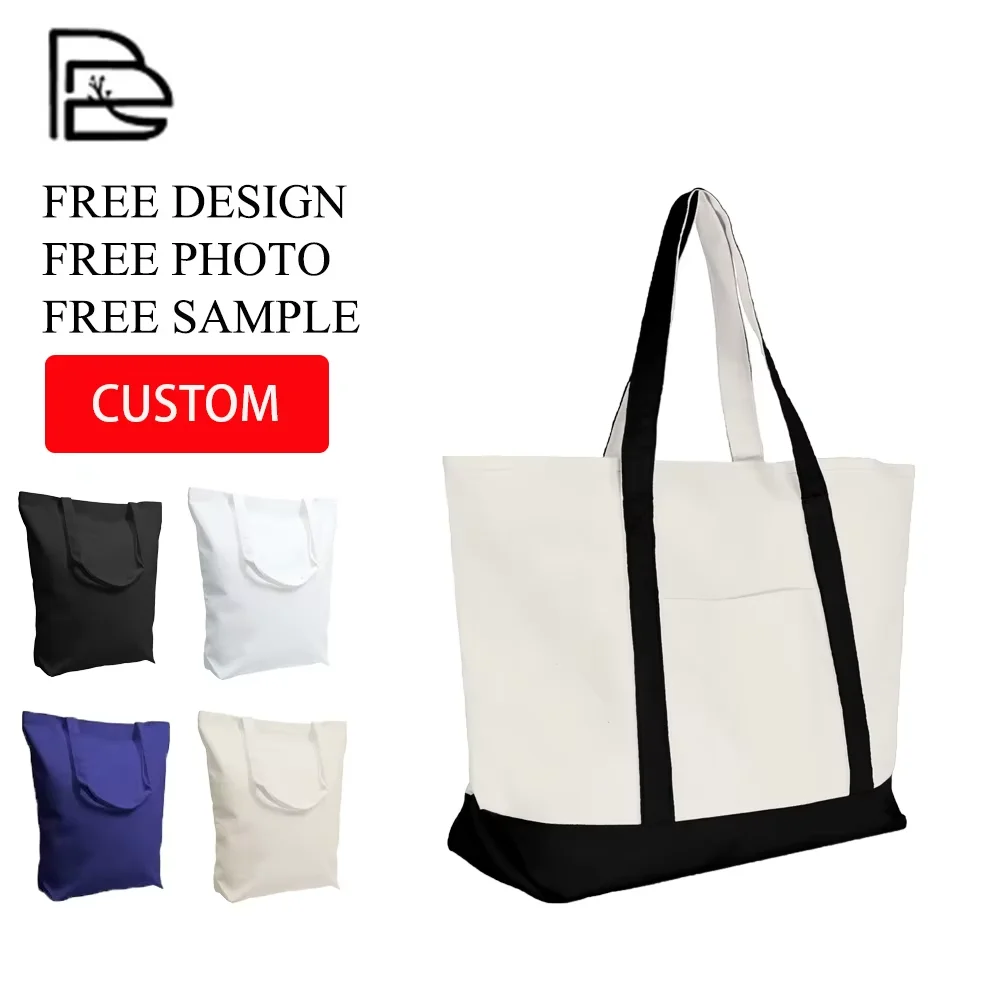 Custom Logo Printed Eco-friendly Waterproof Large Capacity White Black Blank Cotton Canvas Tote Bag Wholesale With Pocket