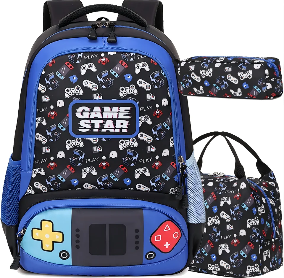 Fashionable Waterproof Student Boy Backpack with Game Machine Pattern Three-Piece Set Including Lunch Bag Stylish School Bag