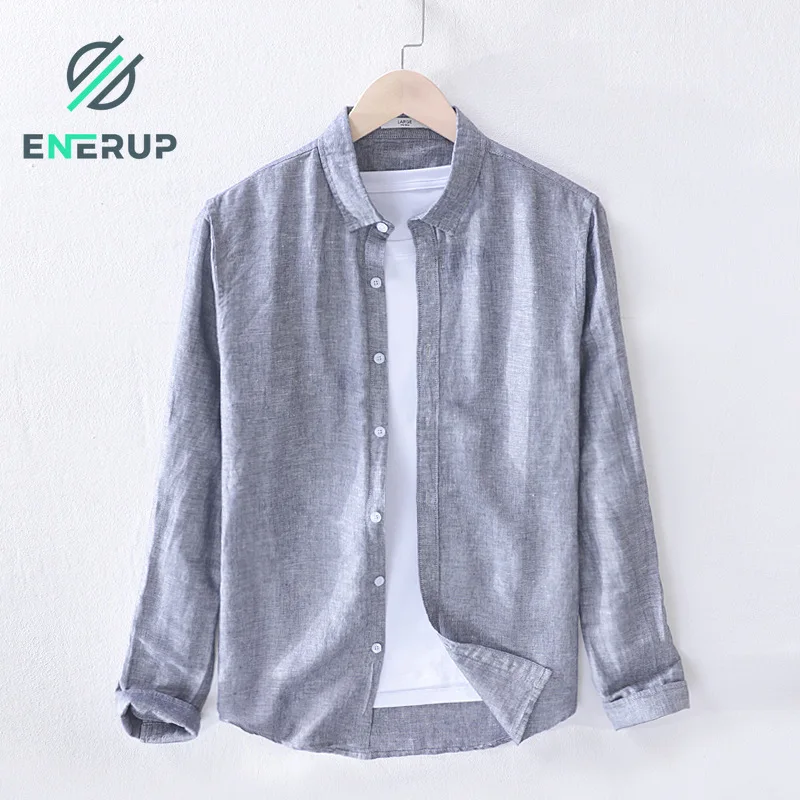 Enerup OEM/ODM Повседневная Свободная Классическая Летняя тонкая дышащая мужская рубашка из хлопка и льна с длинными рукавами