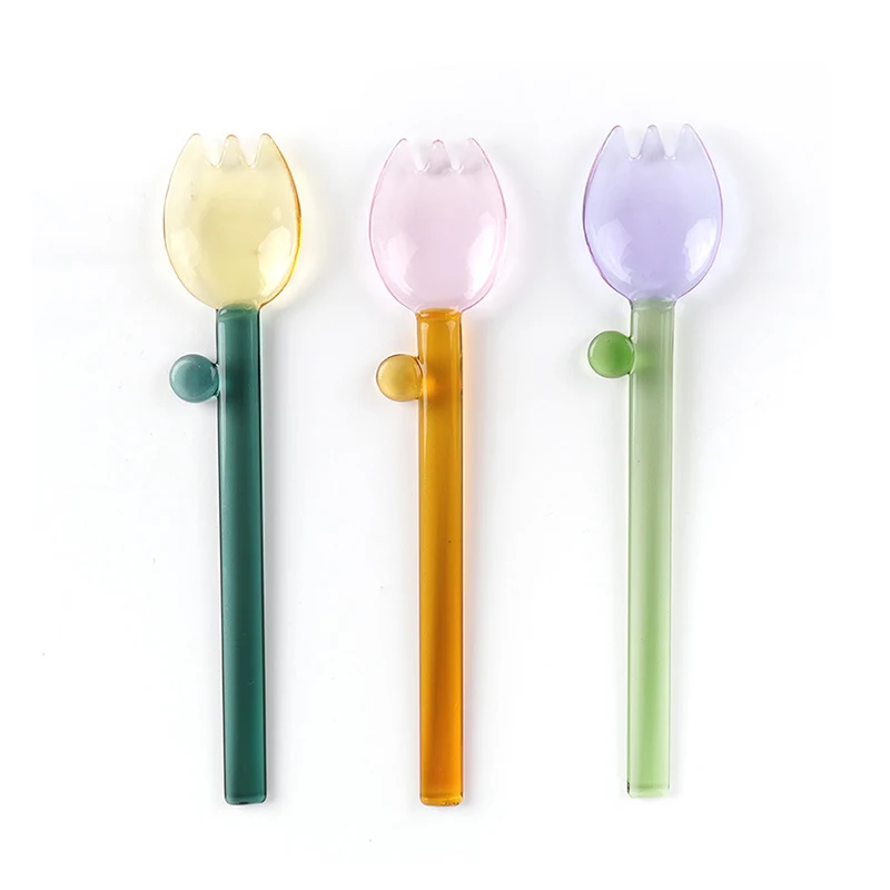 Custom Colorful Borosilicate glass spoon Yogurt Green Pink Reusable ice cream spoon long handle stirring coffee spoon dessert