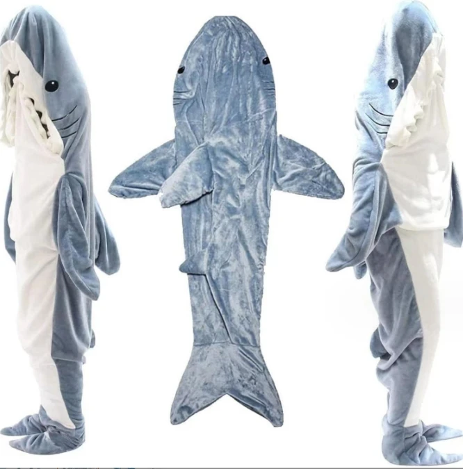 2023 New Arrived Personalized Custom Soft Cozy Plush Fleece Hoodie Animal Cartoon Shark Wearable Blanket For Adult Kids