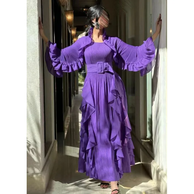 2024 Best Selling Dresses Elegant Pleats Fashion-Forward Round Neck Dress For West Asian Women Ruffles Swing Dress