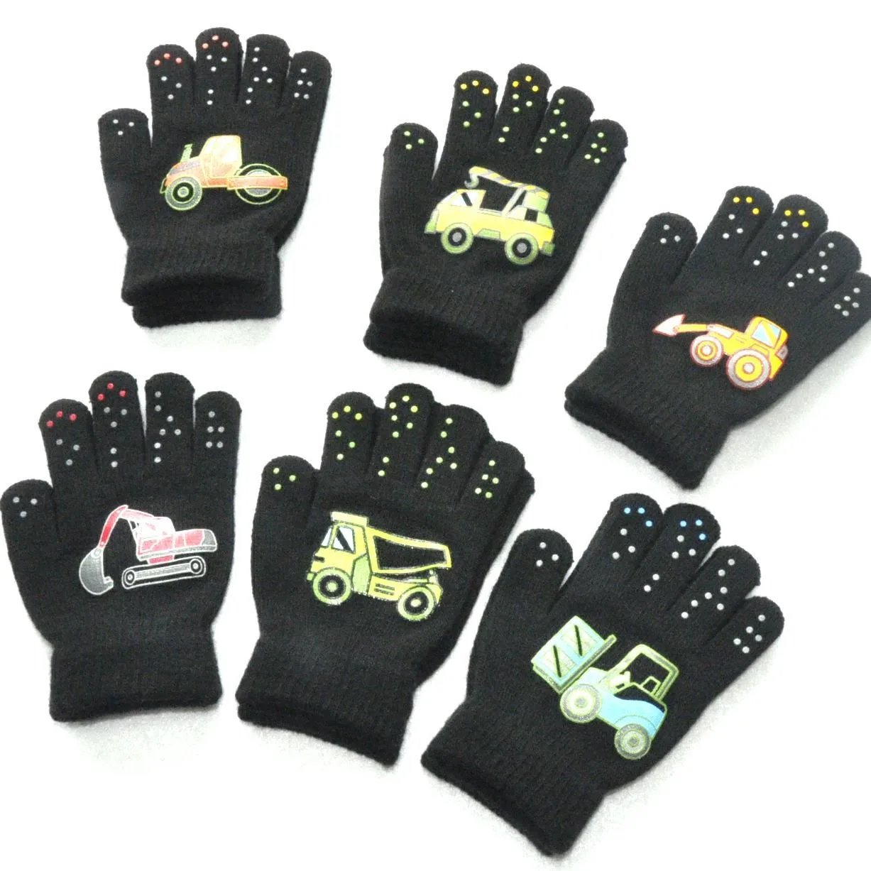 5-11 year old children warm outdoor sport velvet thickened gloves in winter cartoon engineering car pattern knitted gloves