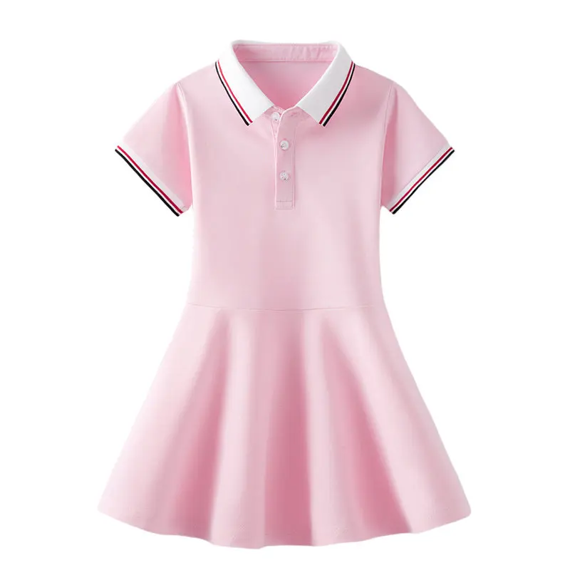 Wholesale Custom Embroidery logo Cotton Blend Kids Baby Girl  Short Sleeve Summer Polo Dress Pique Blank With Stripe Cuff&Collar
