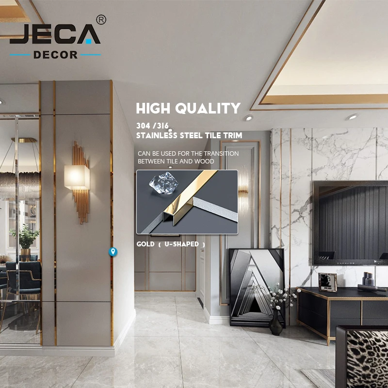 JECA Good Quality SS 304 Tile Trim U Shape Stainless Steel Wall Trim Inside Corner Metal Tile Edge Trim