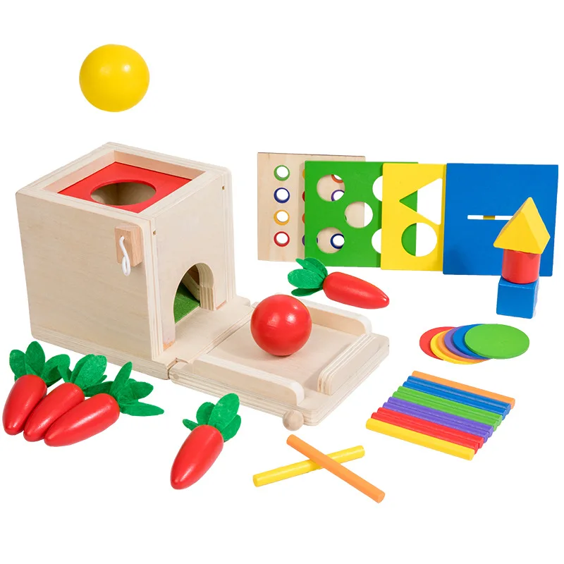 Wooden toys 5 in 1 Early education shape classification games Multifunction stick pull radish coin box Smart box Wooden toys