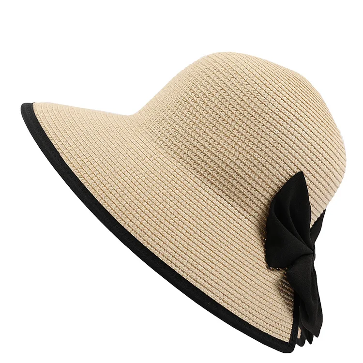 Holiday Gift Wide Brim Ladies Straw Hats, Vacation Summer Beach Women Colorful Floppy Foldable Straw Hats With Bowknot Ribbon