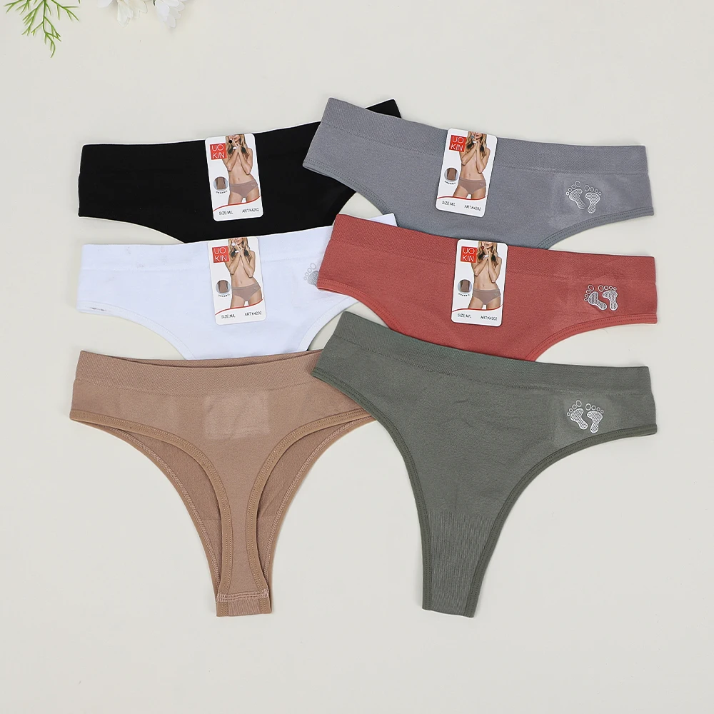 UOKIN Skin healthy breathable polyester Small Tracks Print seamless thongs panties solid color high waisted seamless thong