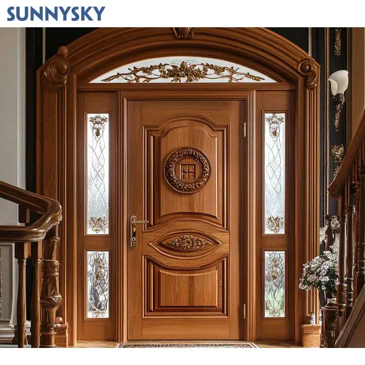 Sunnysky Soundproof interior modern wooden arched doors custom solid wood round top glass doors with frames
