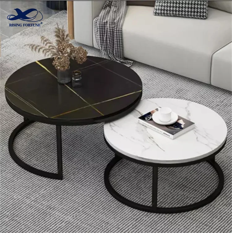 Contemporary Round Nesting Coffee Table Bent Black Gold Metal Side Glass Marble Stone mdf Wood Nest of 3 Table Set Nesting Table