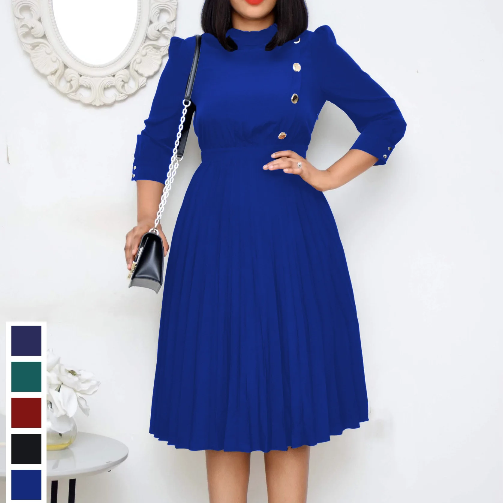 2022 Fall Fashion Women Clothing Plus Size African Dress Long Sleeve Midi Pleated Dress Office Lady Elegant Career Dresses