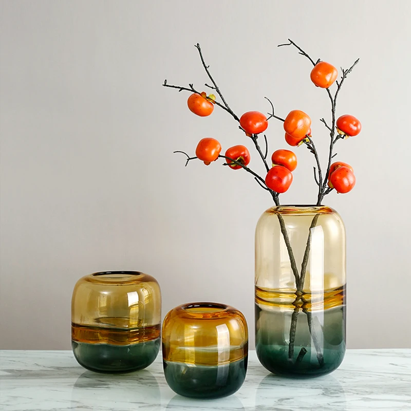New Chinese style vintage handblown glass flower vases for home decorative cylinder colored texture glass vases in bulk