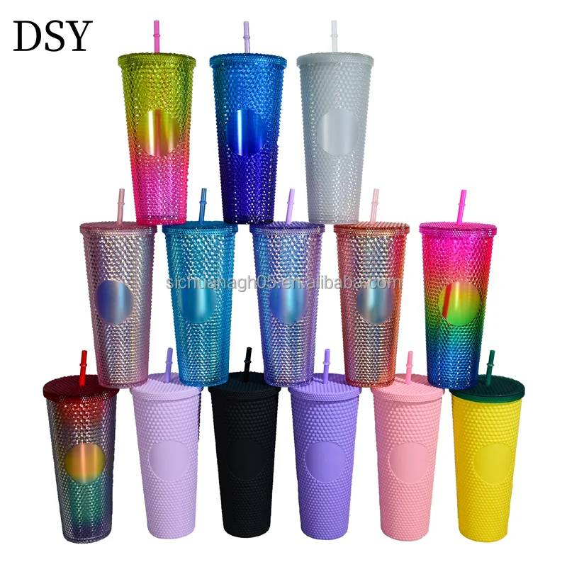 Dashuya Wholesale 24oz Double-Layer Material Studded Tumbler with Straw Use for Coffee Cup
