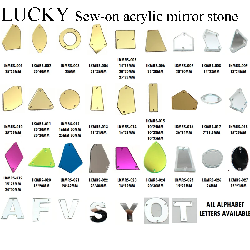 Lucky factory 500 PCS single color mix 10 shapes  acrylic  mirror stone sew on rhinestone  acrylic shaped stone
