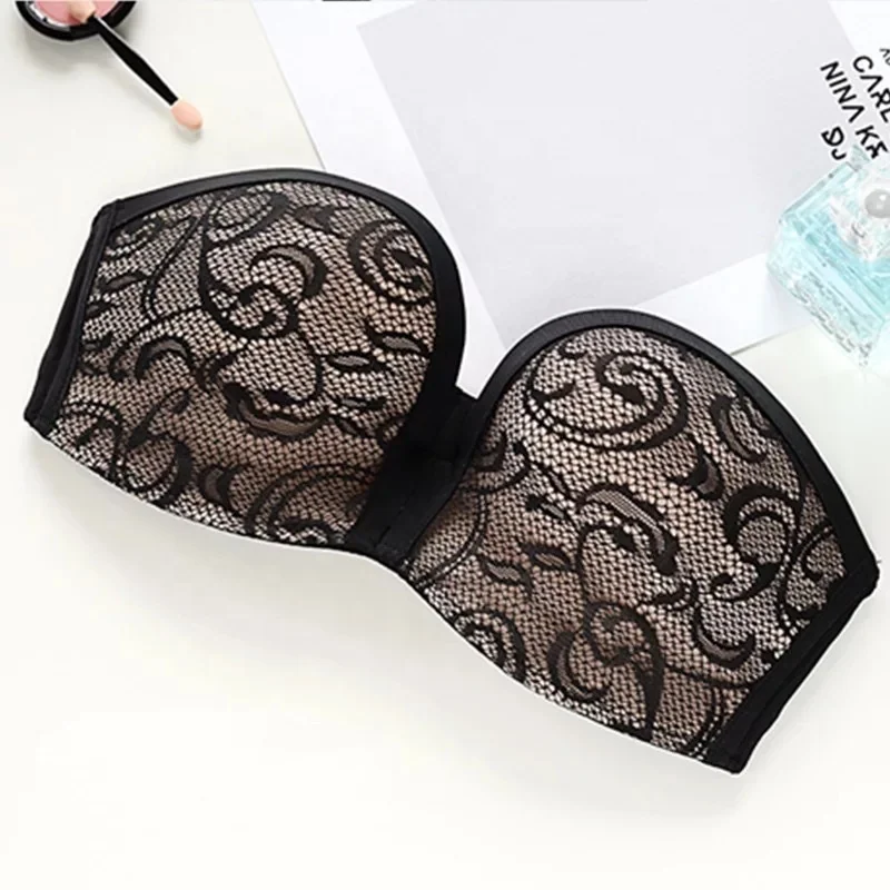 
1908 Plus Size Women Anti-slip Sexy Wireless Anti-skid Lace Fancy Girl Backless Tube Top Invisible Strapless Push Up Bra 
