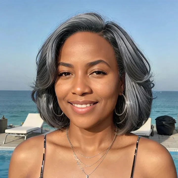 salt and pepper gray wigs for black women,human hair wigs grey salt and pepper,layered cut bob glueless 5x5 13x6 lace wig C part