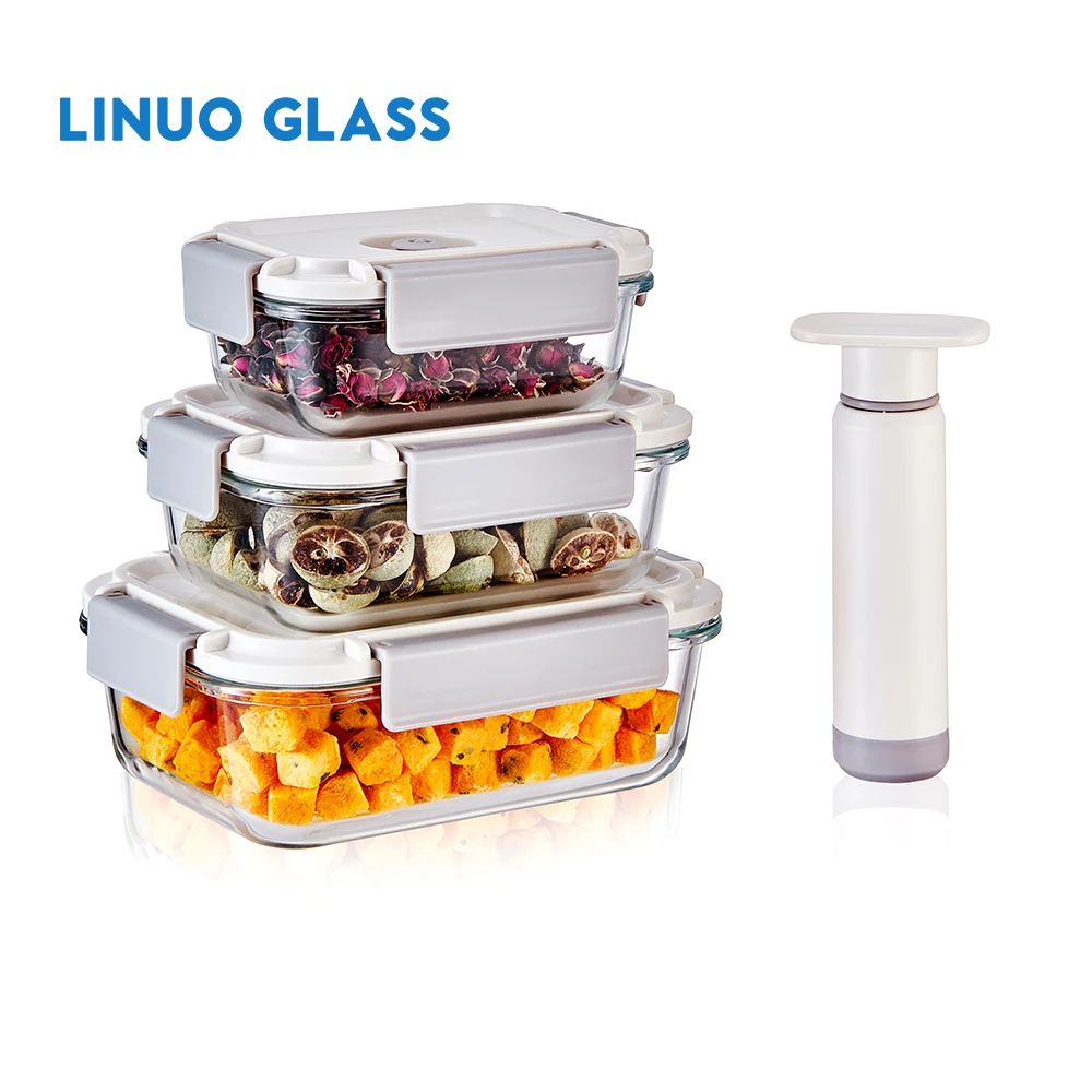 LINUO custom logo kitchen keep fresh meal prep box refrigerator food vacuum seal glass container pump for vacuum food