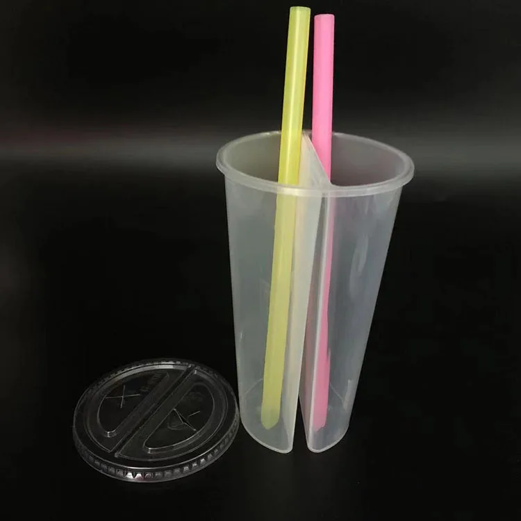 Wholesale 700 ml transparent Cup PP Double Shared Plastic Cup Split Tea Cup 2 compartment