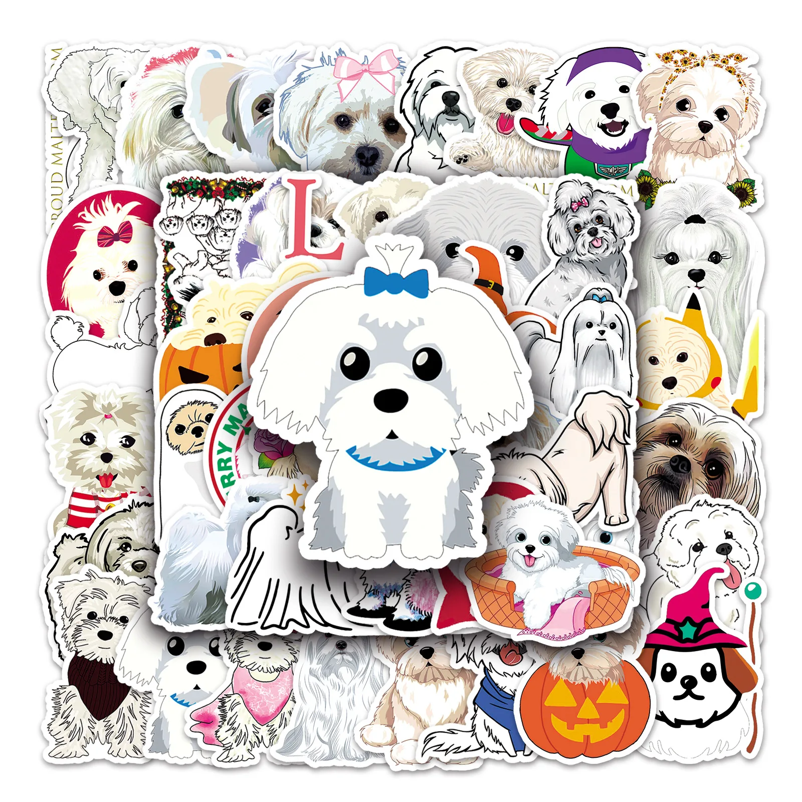 Cute Maltese Dog Stickers 50Pcs Puppy Vinyl Stickers for Kids Girls Teens Kawaii Pet Dogs Decoration Skateboard Guitar Sticker