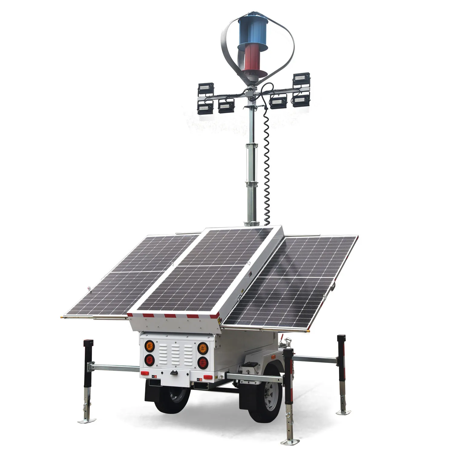 Mobile wind and solar power lighting tower trailer
