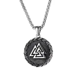 Custom Ancient Silver Amulet Norse Viking Vegvisir Retro Triangular Rune Pendant Necklace for Men