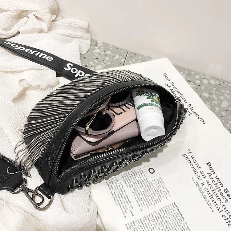 
Single-shoulder cross-body bag Joker tassel bag web celebrity with rivet wide band bag women purses 