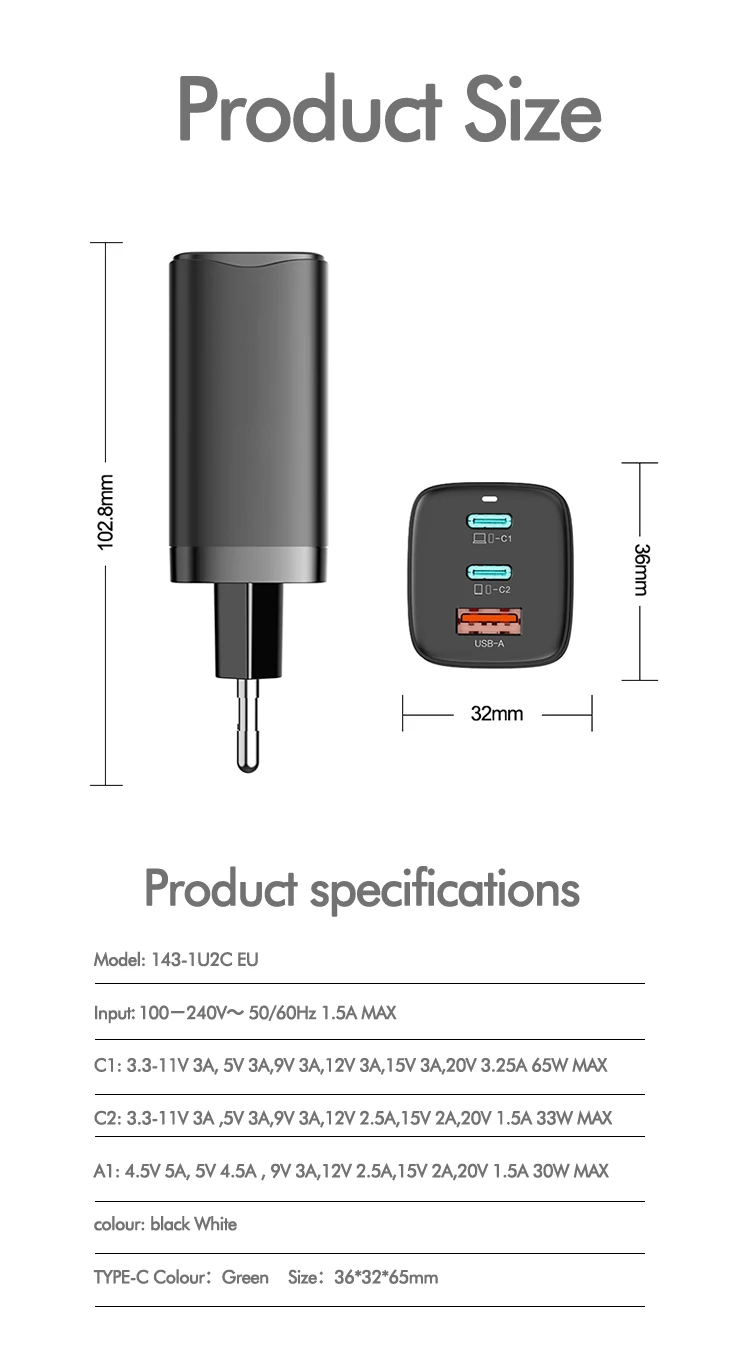 65W Gan Tech Laptop PD 3.0 Travel Mobile Phone USB C Mobile Phone Charger Type C Fast Portable Charger For Macbook Samsung