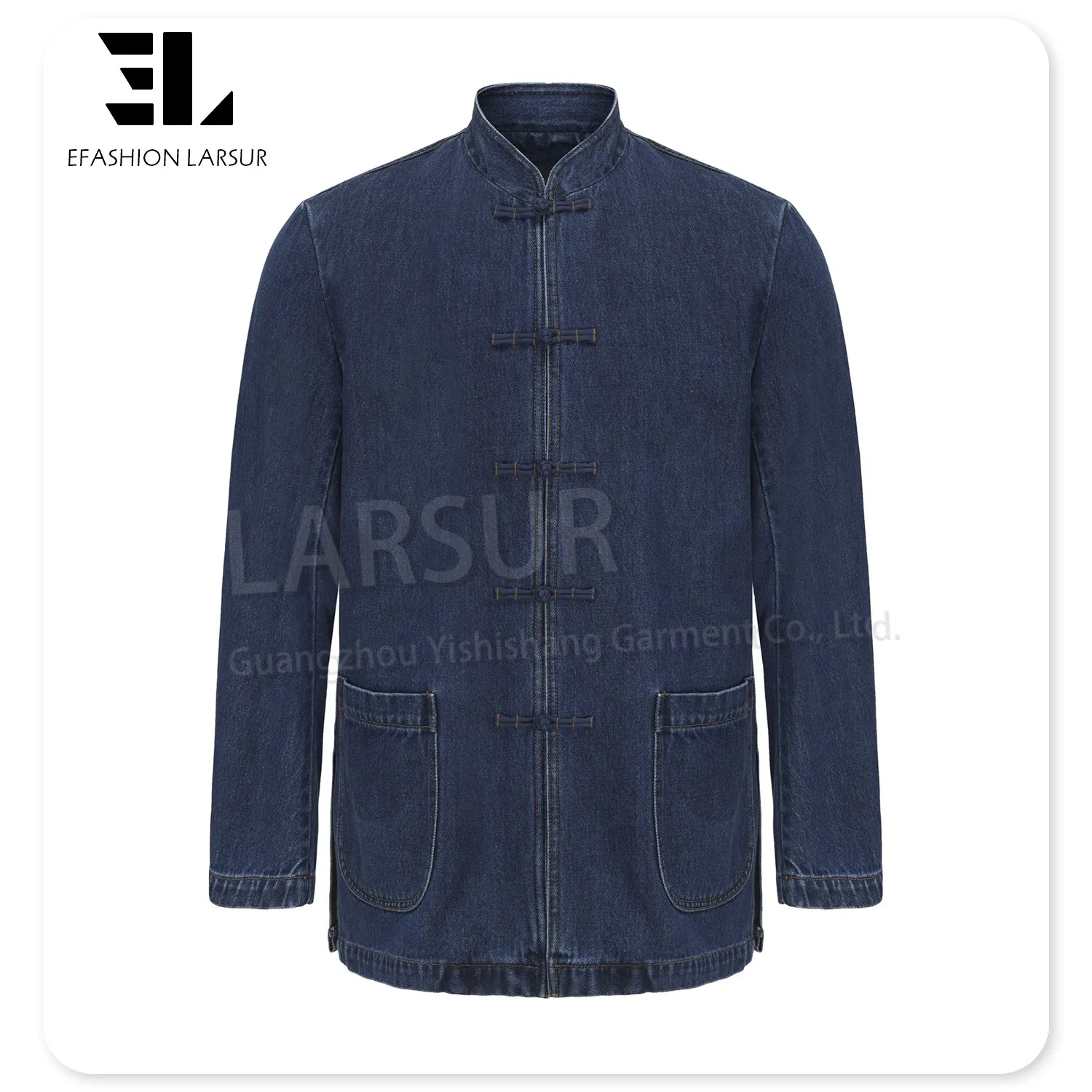 LARSUR clothing manufacturers custom New Chinese Style denim jacket with chinese closure frog knots denim tang suit jacket