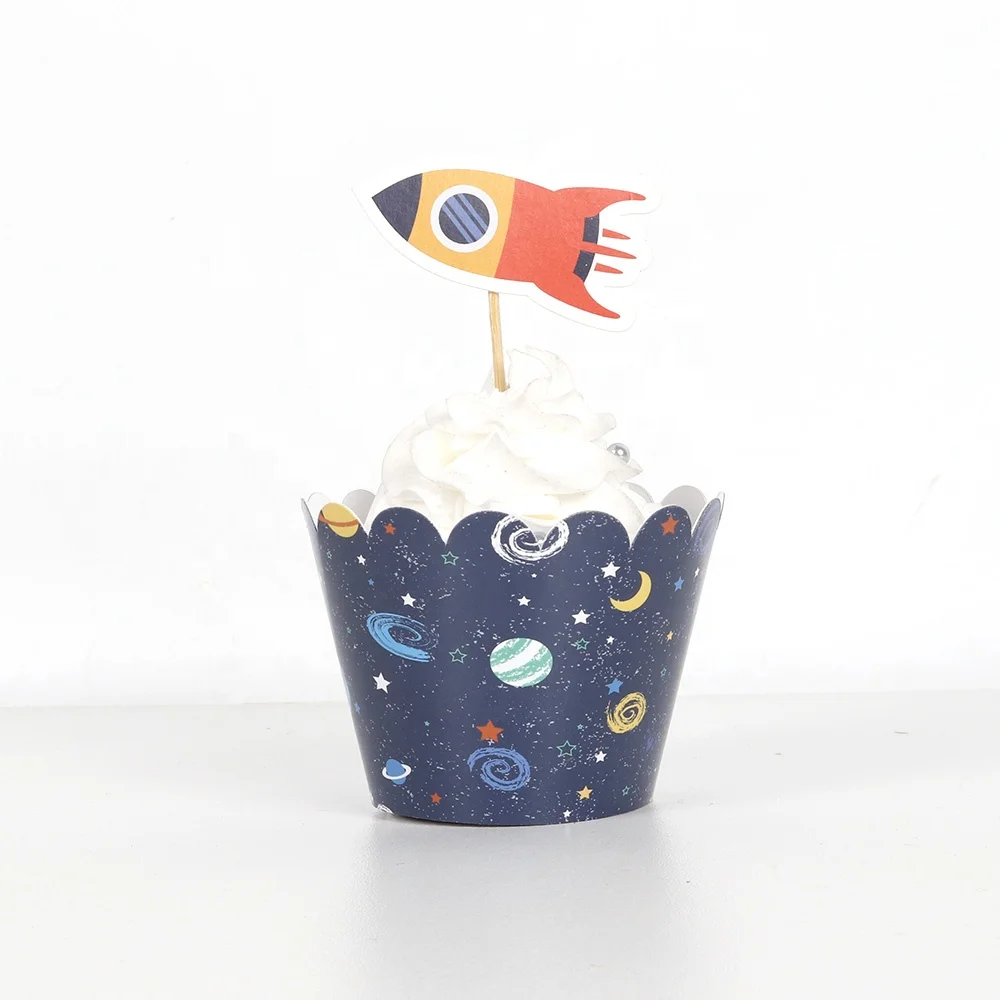  Space Birthday Party Supplies Happy Banner Cupcake Toppers Rocket Universe Planet