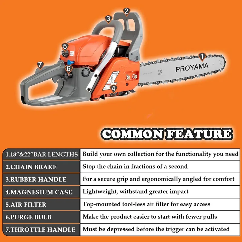Professional Garden Tools 2 Strokes 49.3cc Wood Cutting 22 inch Chain Saw Gasoline Chainsaw