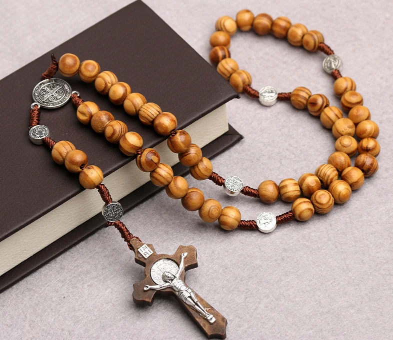 men women kids religious gifts Rosary Necklace handmade catholic cross jesus wooden beads necklace