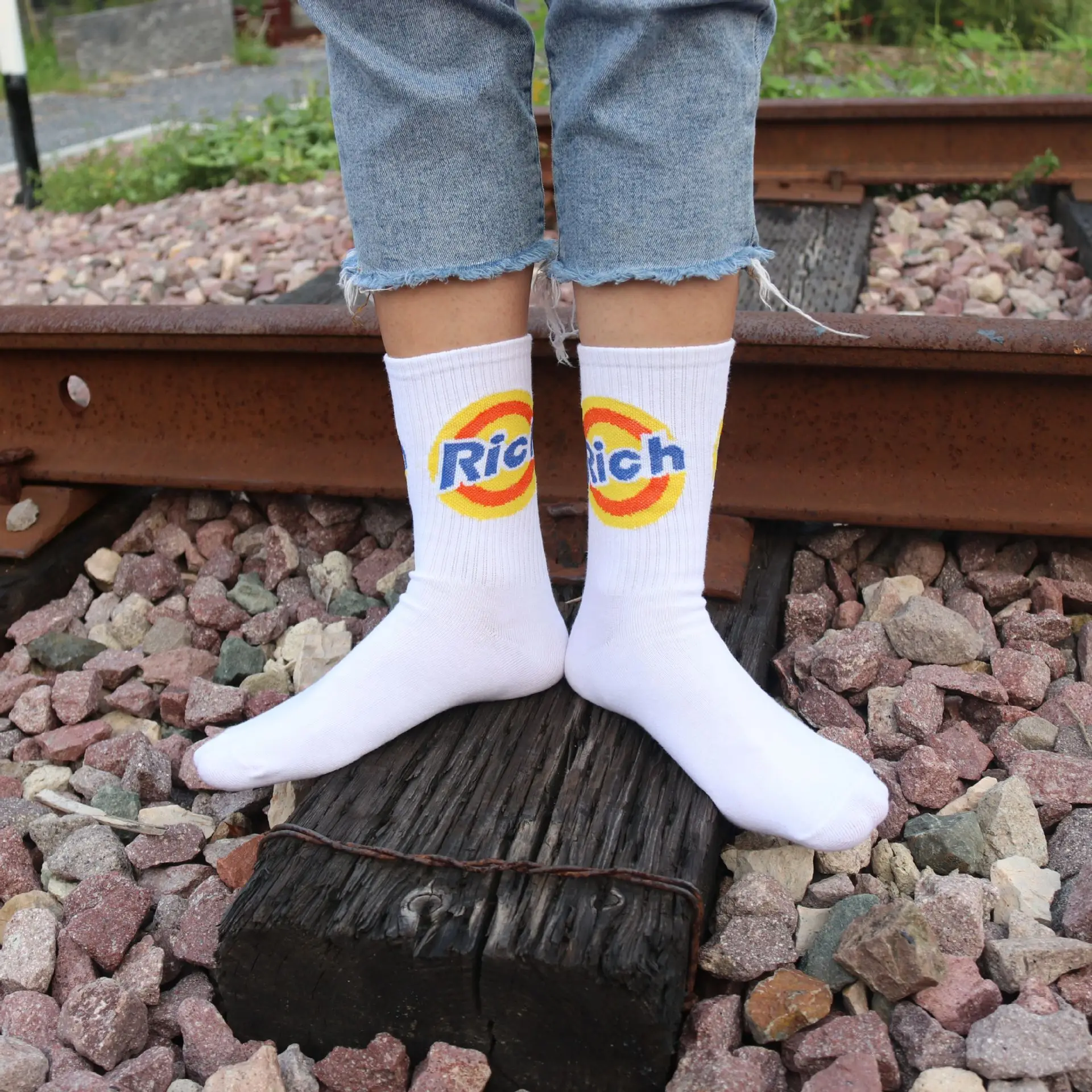 Korean Funny Orange Letters Rich Hip-hop Skateboard Stockings Cotton Funky Letters RICH Unisex Adults Sports Socks