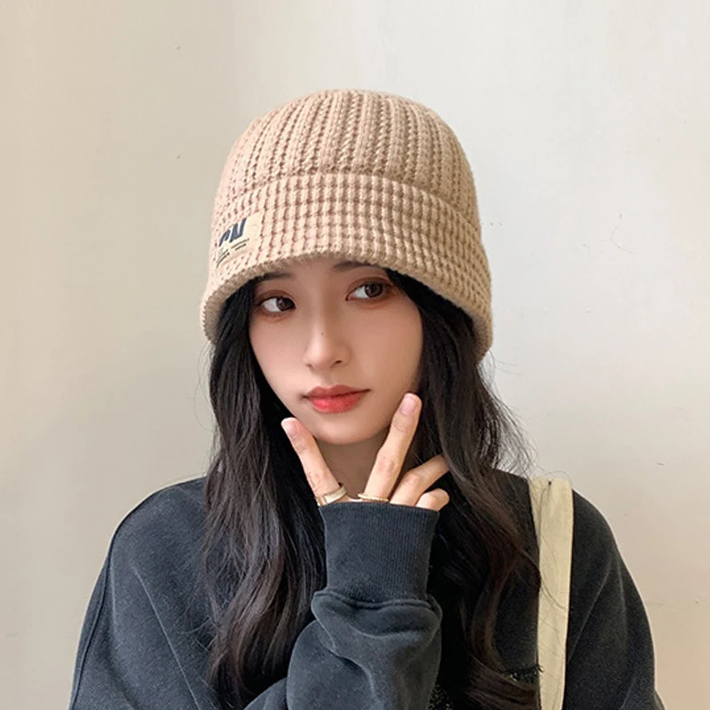 Autumn-Winter Internet Celebrity Bucket Hat Small Cotton Knitted Fisherman Style with Face Protection Ear Pr Cold