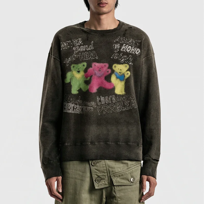 Custom Logo Design Vintage Graffiti Print Streetwear Paint Distressed Hoodie Round-Neck Sweatshirt