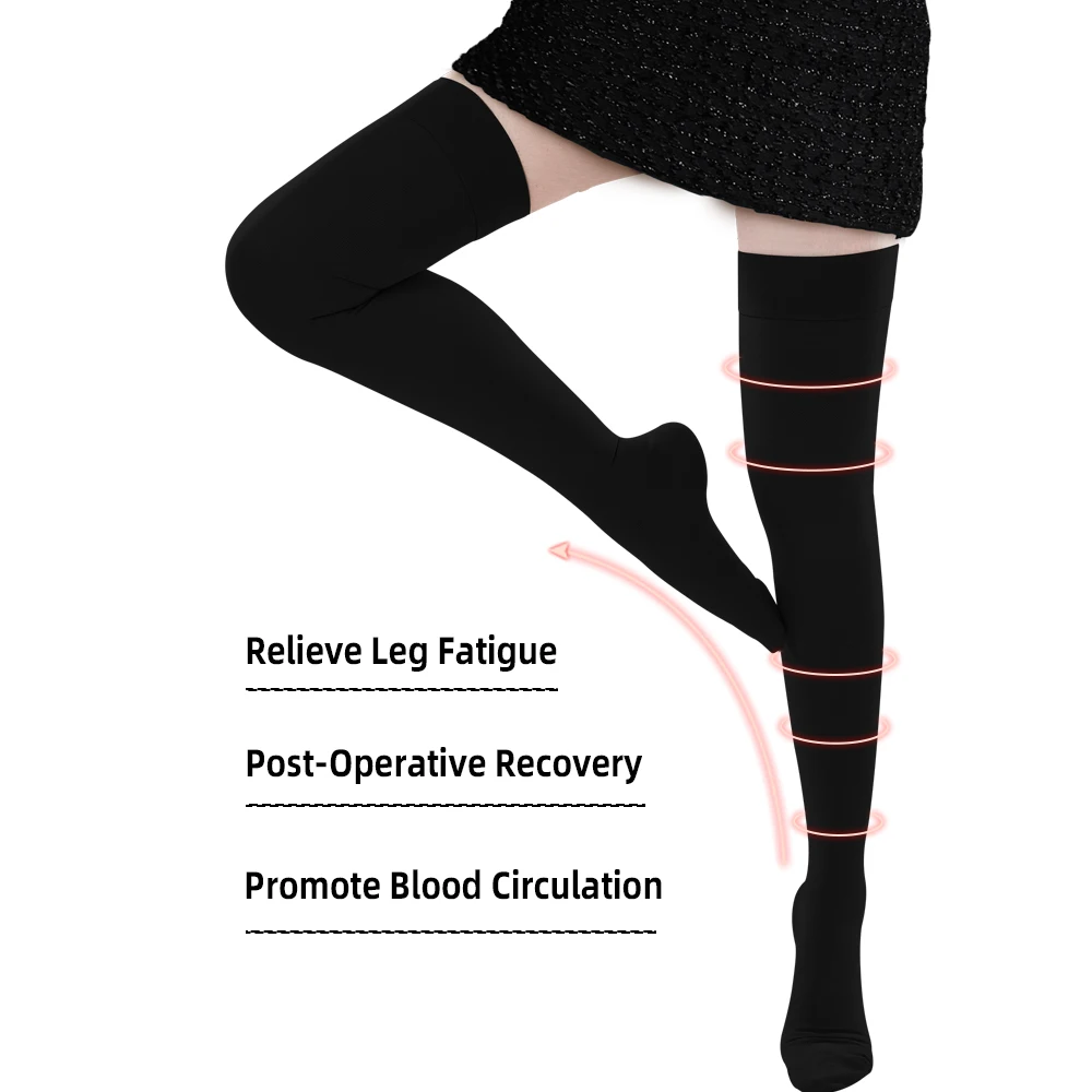 Relief 30-40 mmHg Closed Toe Thigh High Support Sock with Silicone Top Band Size X-5X Color Black