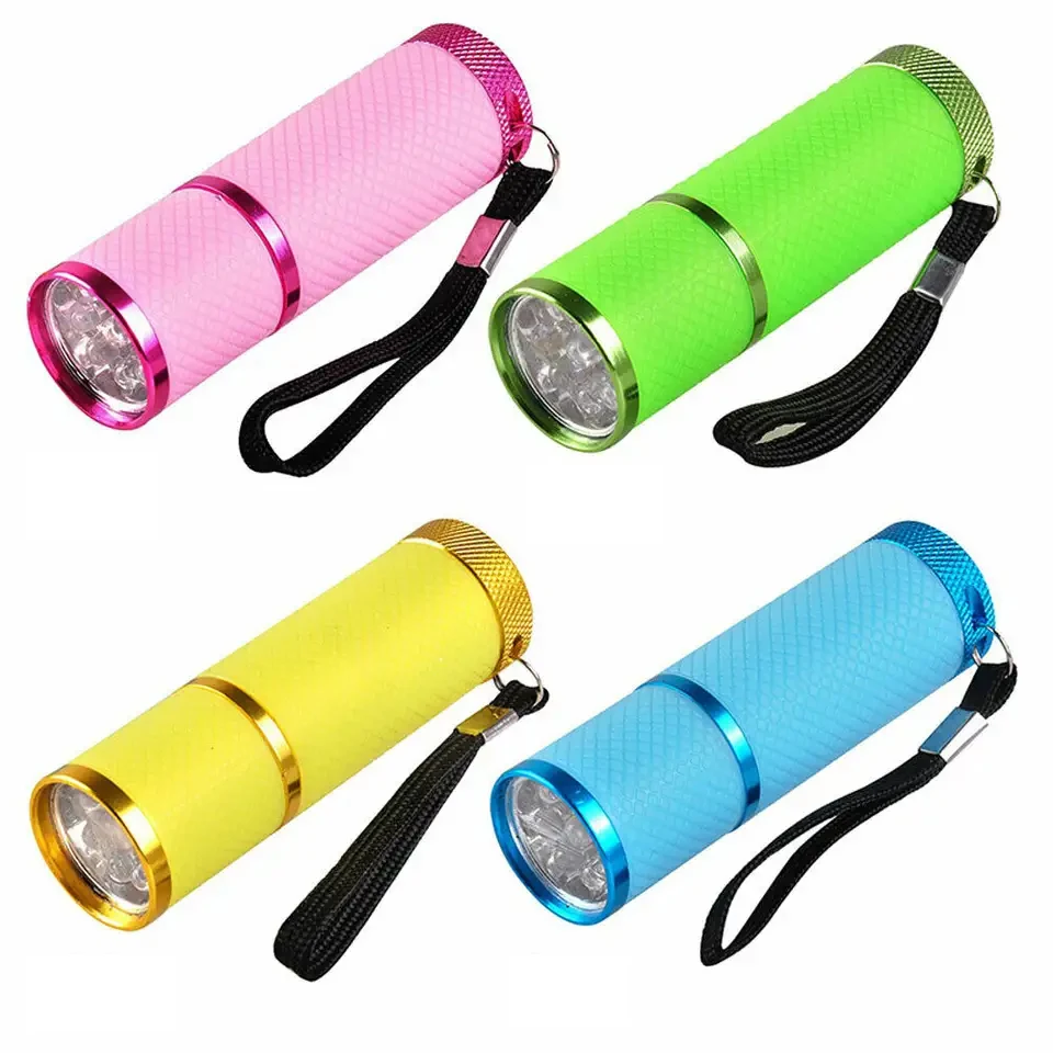 395-405 9LED 12LED Portable Handy Lights for Camping, Hiking Indoor Assorted Colors Coated Small Flashlights with Straps