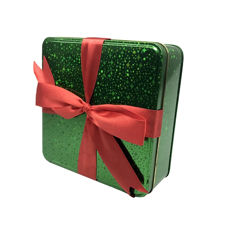 Hot Sale Laser Printed Effect Metal Package Box For Gift Custom Unique Film Cover Printing Square Tin Box With Bow Ribbon