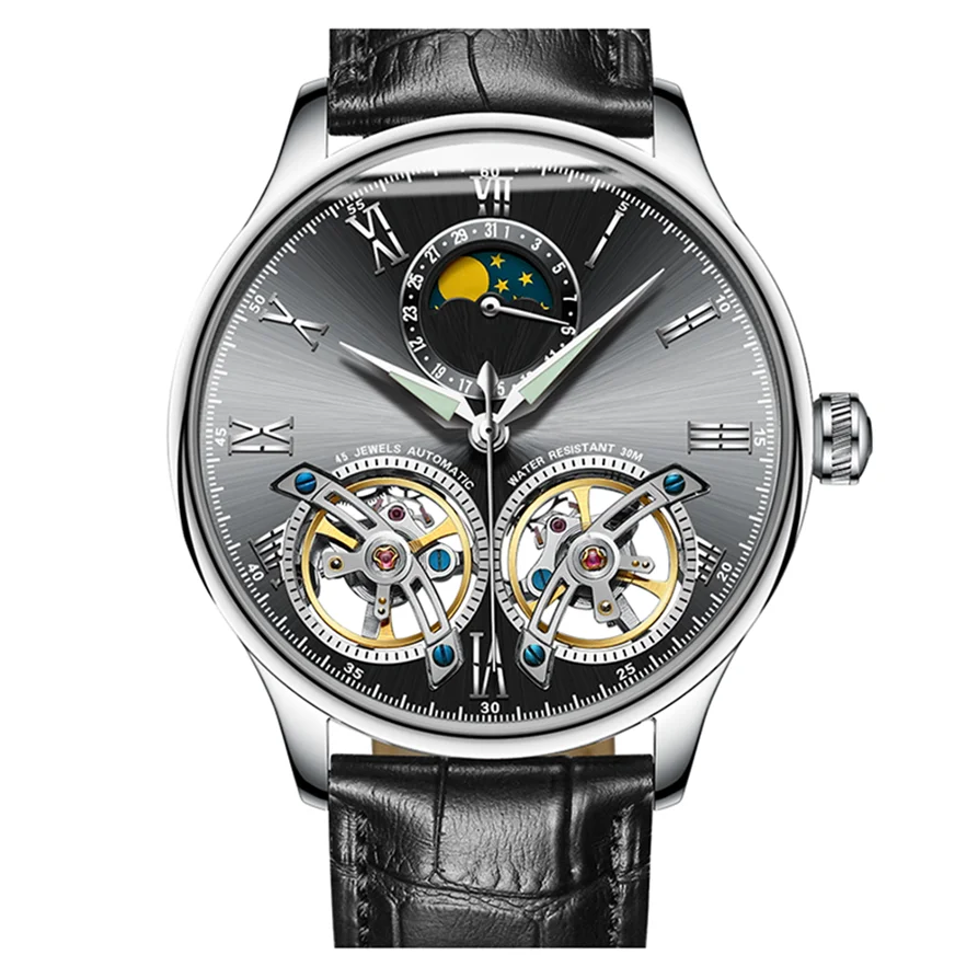 Custom stainless steel case double skeleton flywheel calendar moon phase men leisure mechanical watch