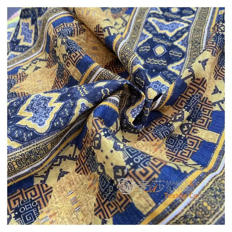 Custom Printed Fabric Bohemian National Style Slub Linen Fabric 60%C 40%R Cotton Rayon Bamboo Voilev Fabric