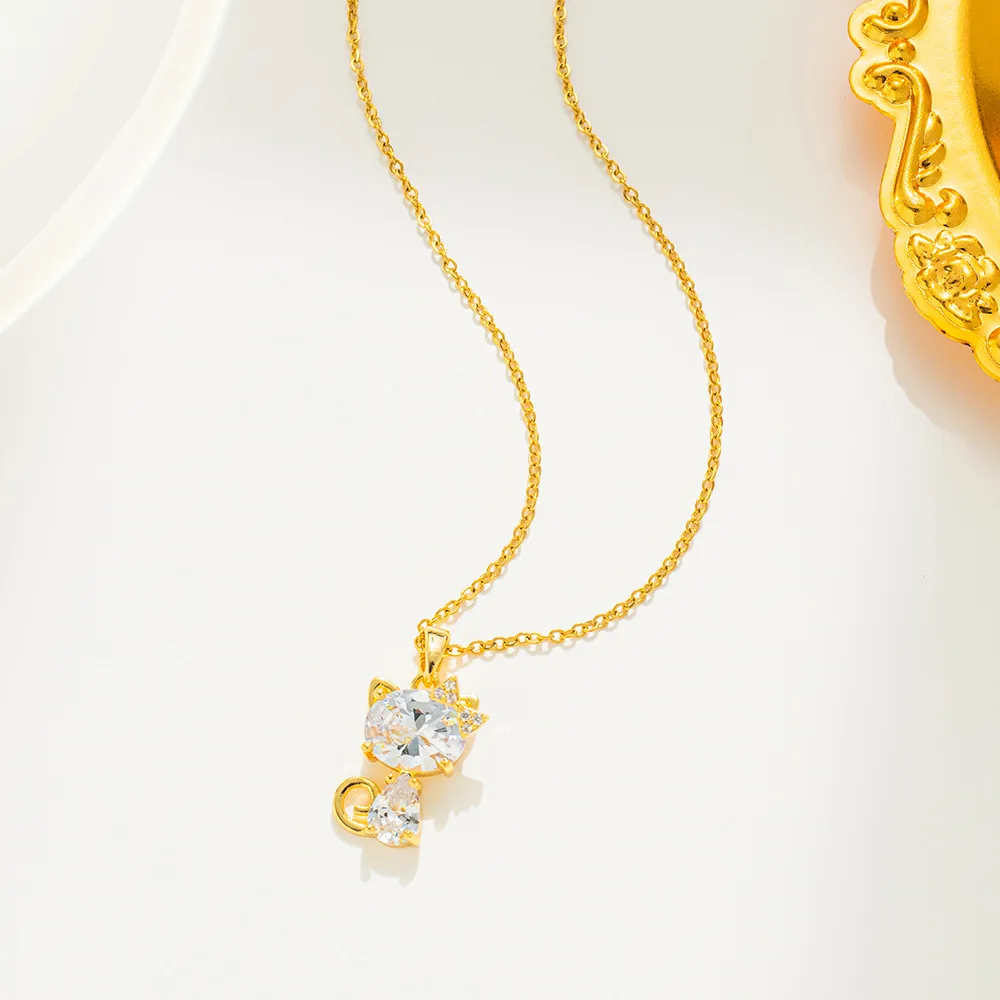 18K Stainless Steel Necklace Unisex Shiny Crystal Zircon Cute Cat Pendant Trendy Gold Silver Chain Trendy Number Shape Women