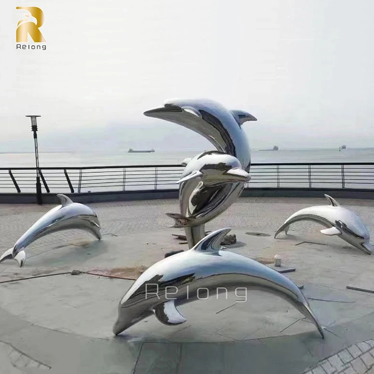 Outdoor Ornament Metal Marine Animal Statue Stainless Steel Dolphin Sculpture