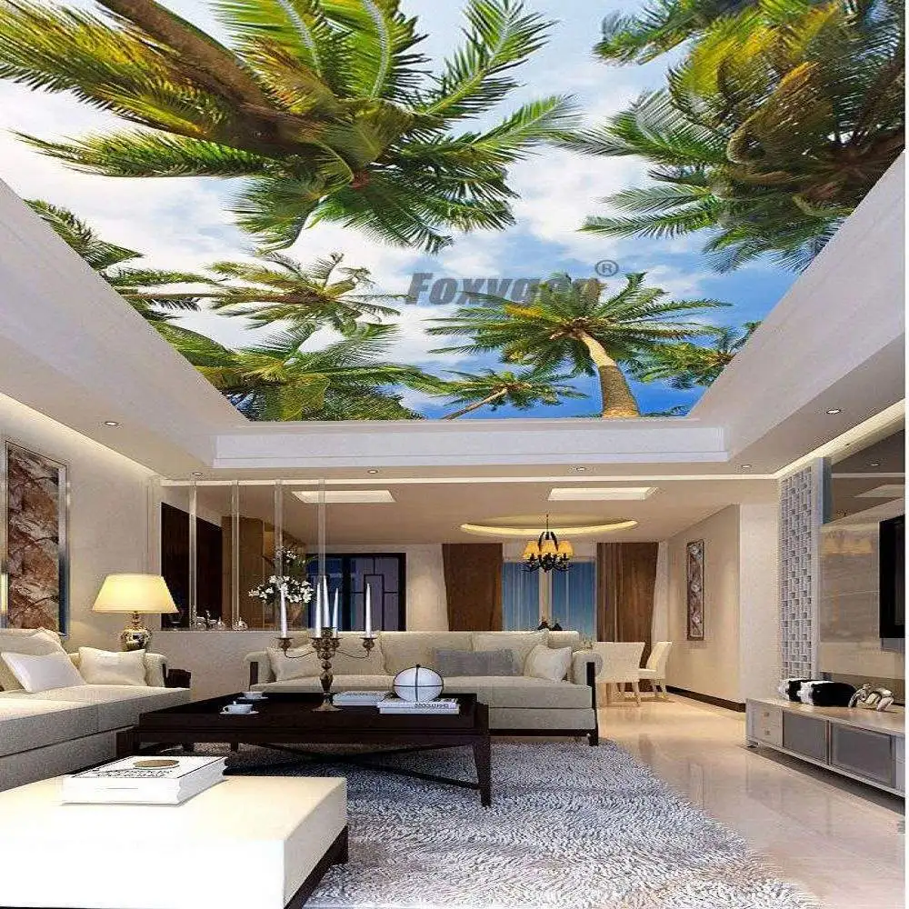 Palm Tree Style Max Width 5 Meter  UV Printed PVC Stretch Ceiling Film with 50000 Difference Pattern Design
