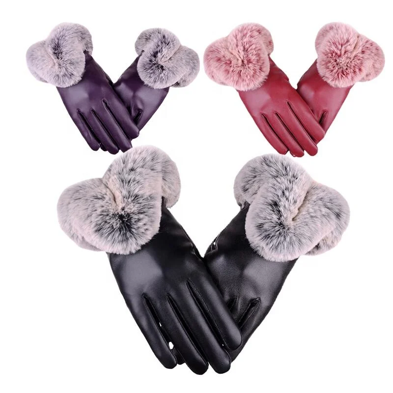 
Factory wholesale sales ladies black PU leather Gloves For Autumn and winter warm rabbit fur mittens 