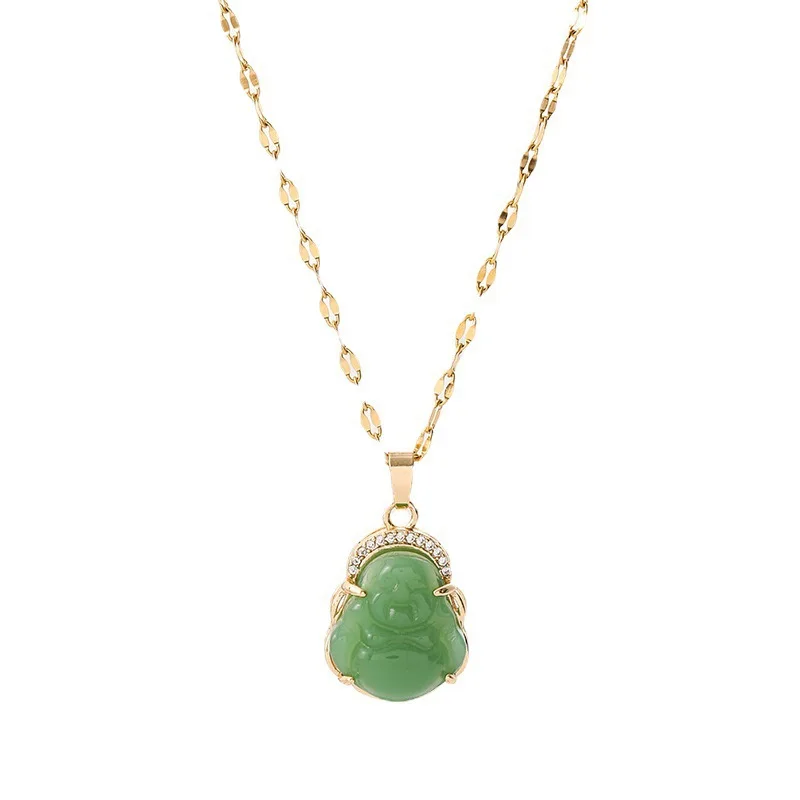 Wholesale Mini Green Jade Buddha Pendant Necklace Non-fading Gold Plated Stainless Steel Maitreya Lucky Necklaces