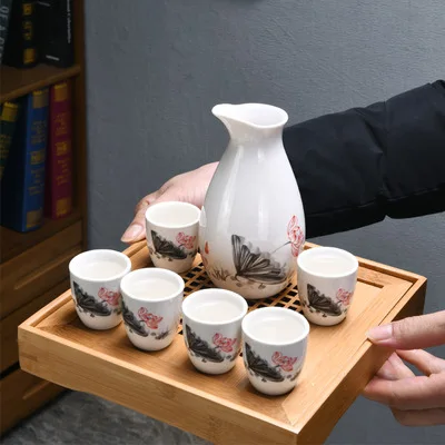 Promotional Japanese Sake Cup Set Cheap White Background Pattern Ceramic Minimalist Chinese Wine Pot And